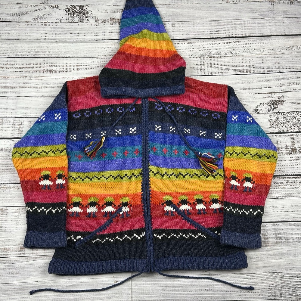 Ecuador Wool Zip Hoodie Jacket S/M Rainbow Aztec Southwest Boho Native Handmade